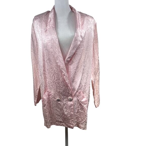 Steppin Out Jackets & Blazers - VTG 80s Pink Satin Brocade Long Blazer L Coquette Pretty in Pink Shoulder Pads